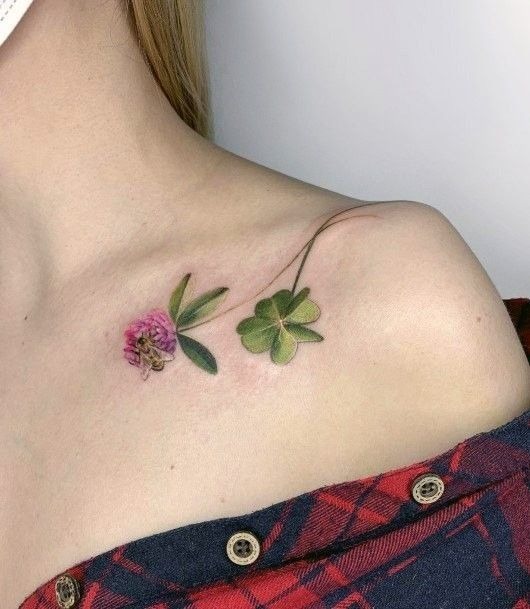 Delicate Clover and Wildflower Collarbone Tattoo Tattoo Design