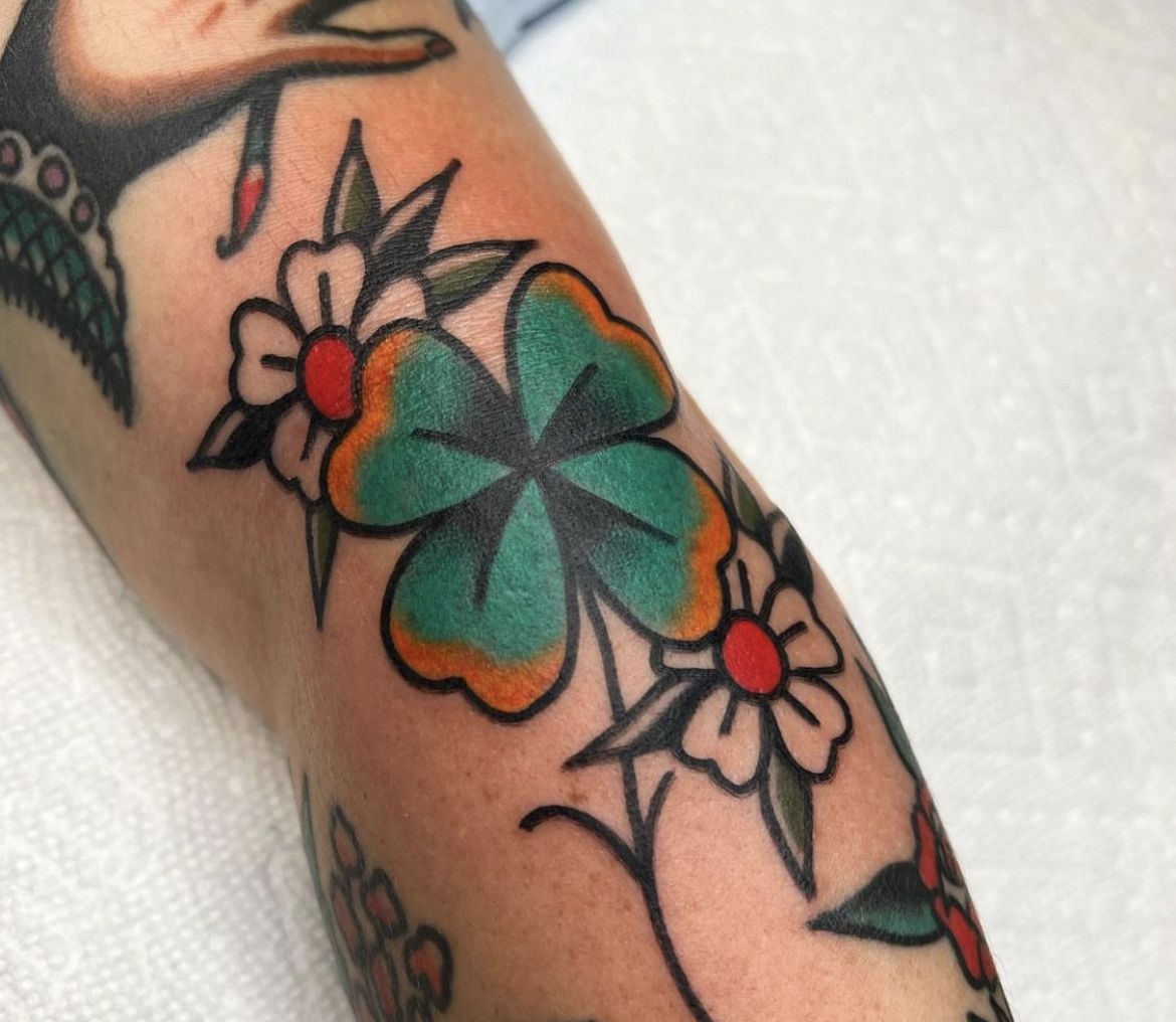 Fine Line Clover with Red Heart Tattoo Tattoo Design
