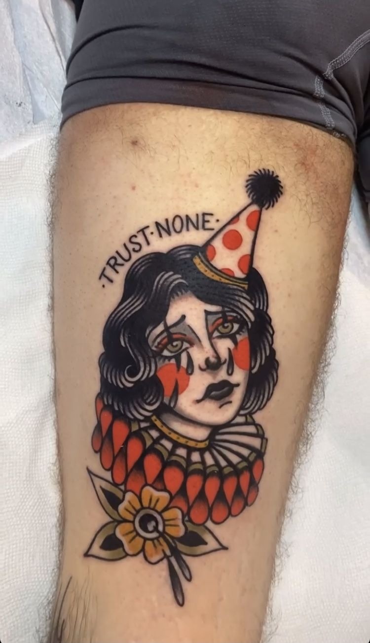 Tiny Mourning Clown Doll Tattoo Design