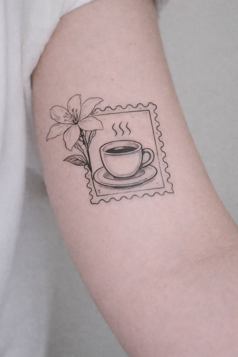 Coffee Stamp and Flower Tattoo Tattoo Design