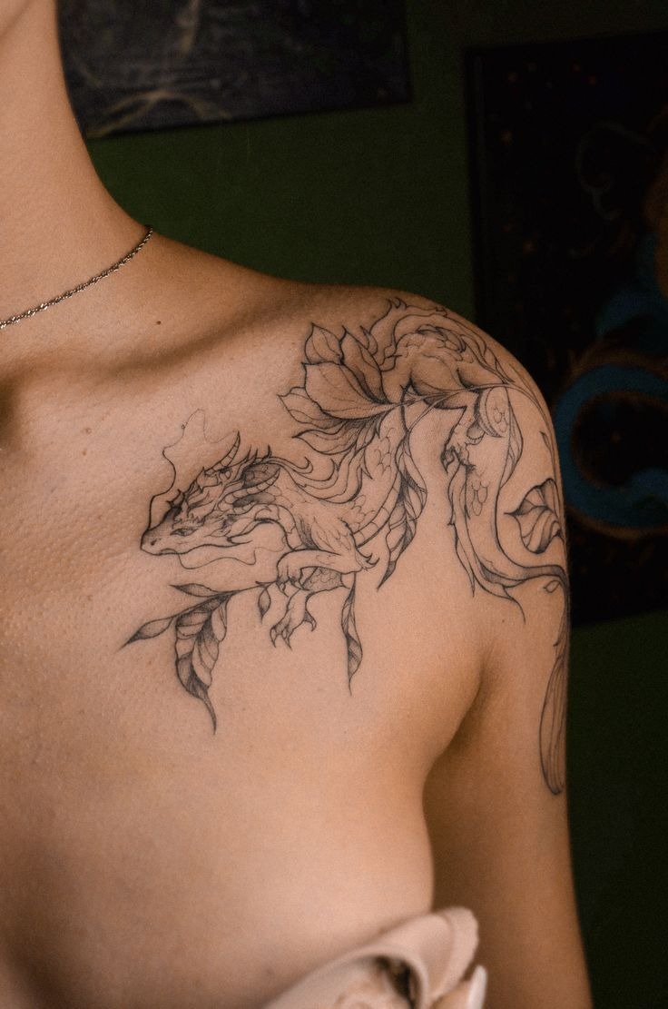 Botanical Dragon Shoulder Sweep Tattoo Design