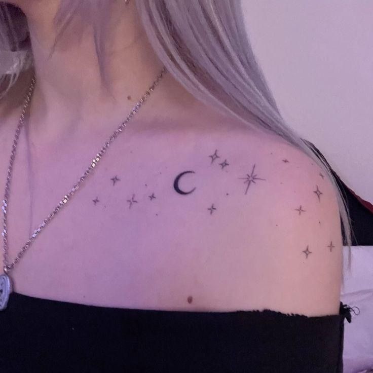 Crescent Moon and Tiny Stars Scatter Tattoo Design