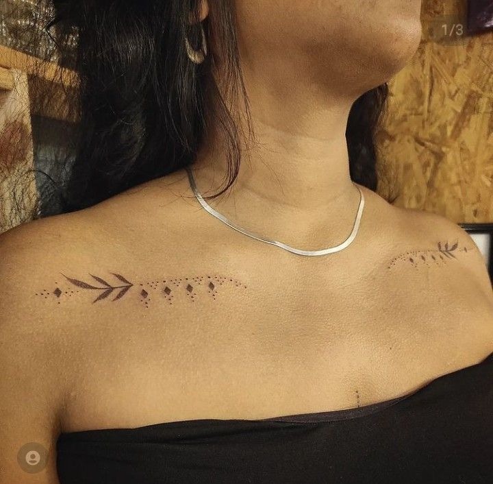 Decorative Leaf and Dot Collar Bone Band Tattoo Design