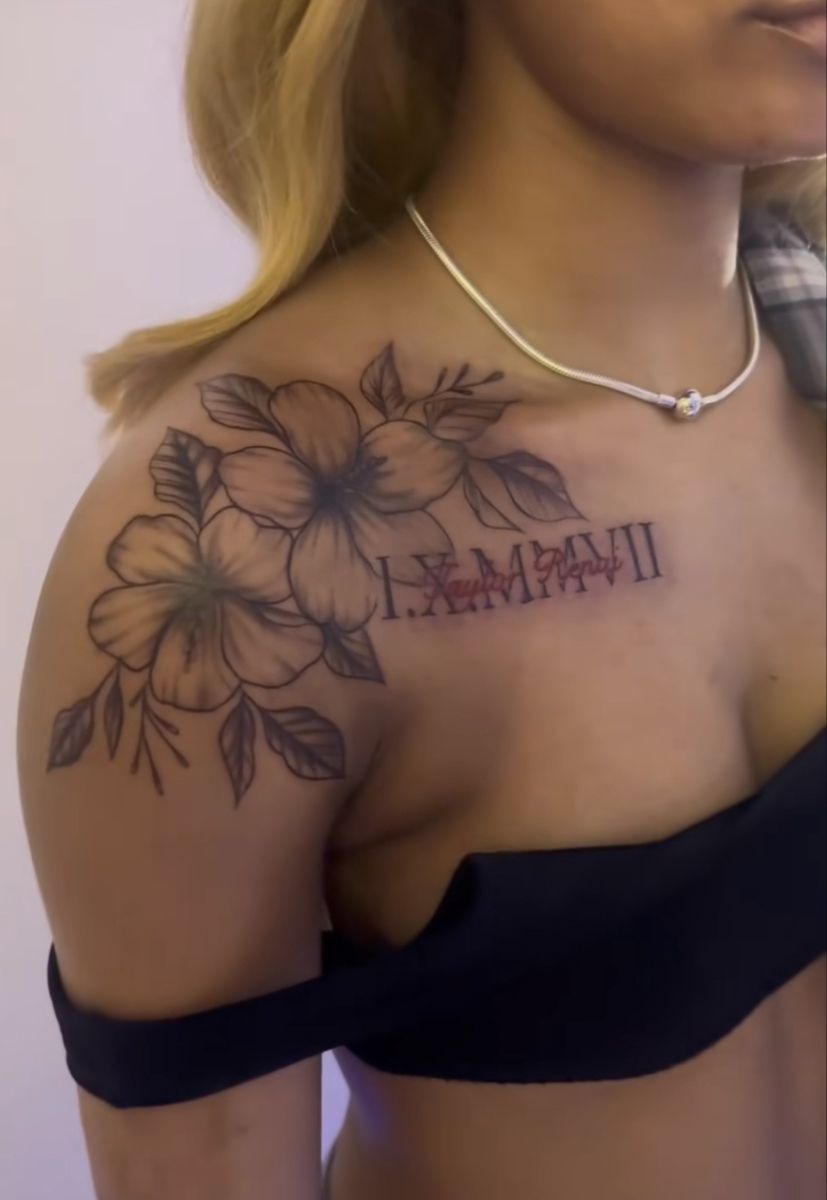 Floral Roman Numeral Shoulder Piece Tattoo Design