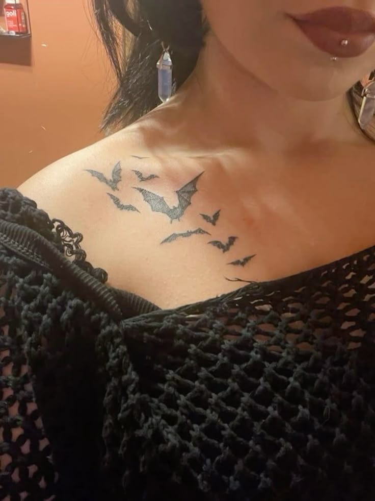 Gothic Bat Flight Over the Collarbone Tattoo Design