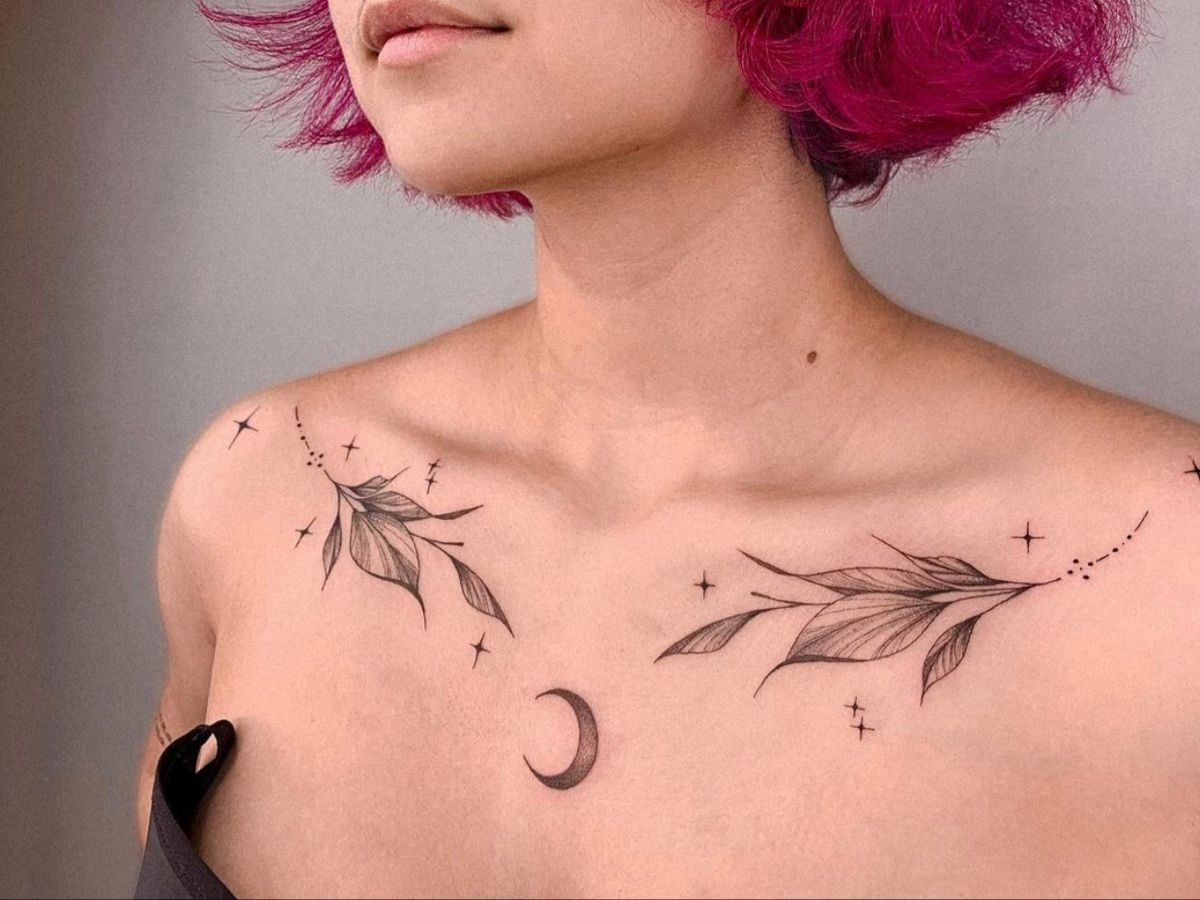 Leafy Collarbone Branches with Crescent Moon Tattoo Design