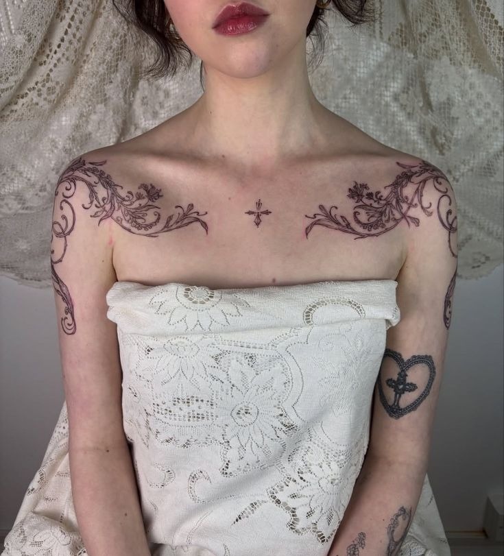 Ornamental Vine Collar Bone Frame Tattoo Design