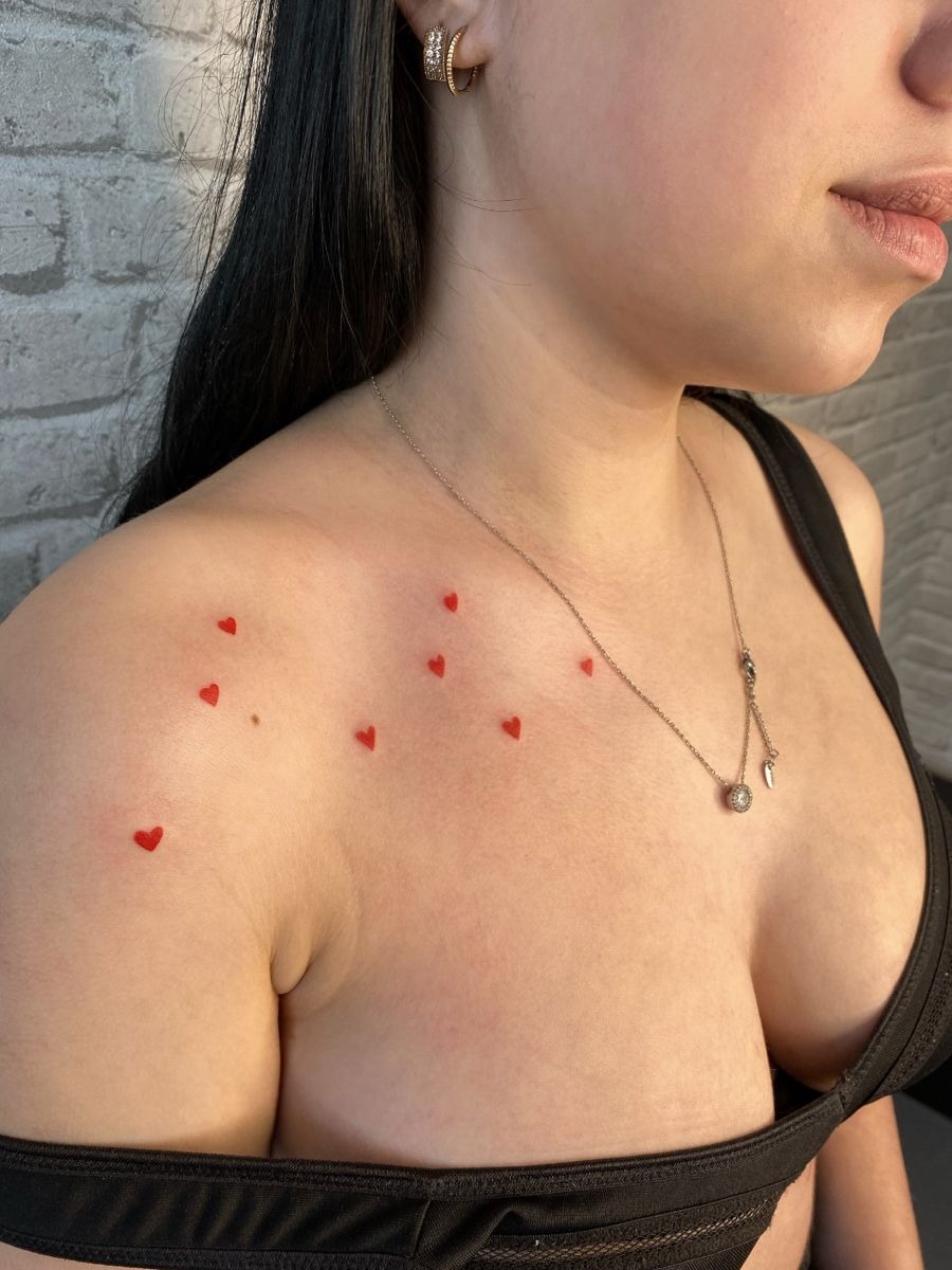 Tiny Red Heart Scatter Tattoo Design