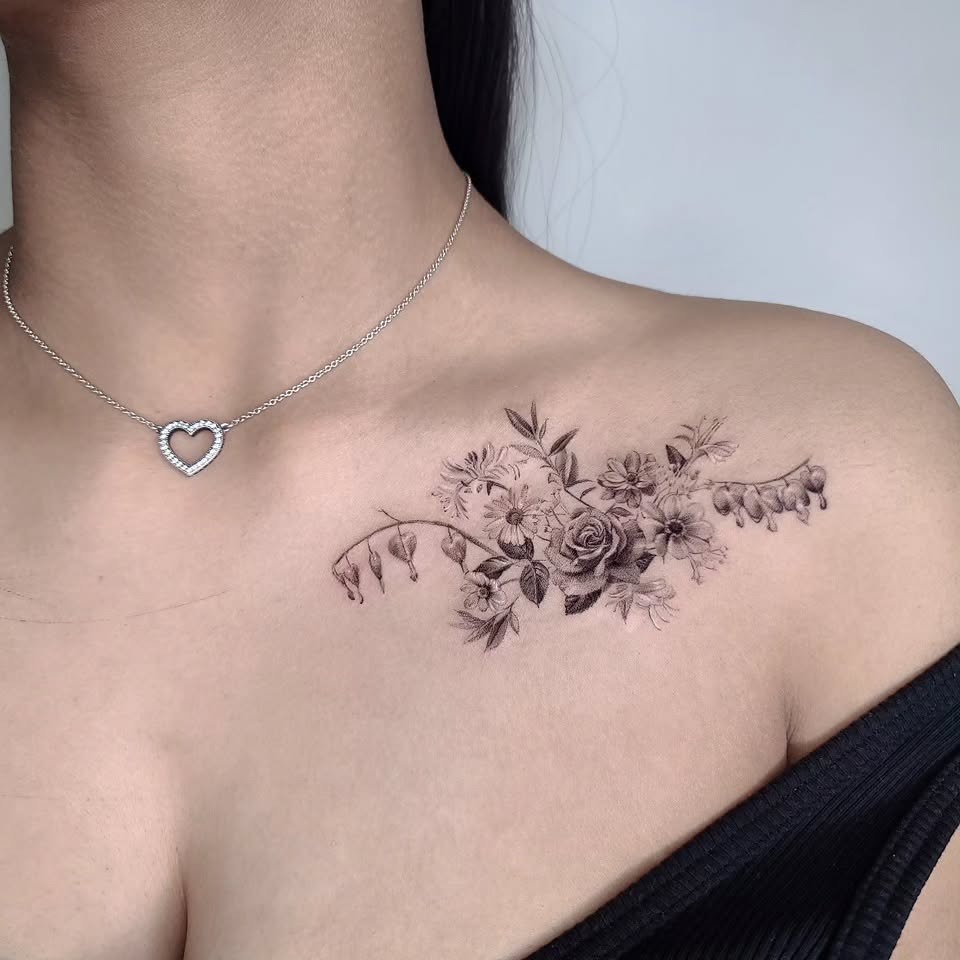 A stunningly detailed collarbone tattoo featuring a bouquet of flowers with intricate shading and soft linework.
