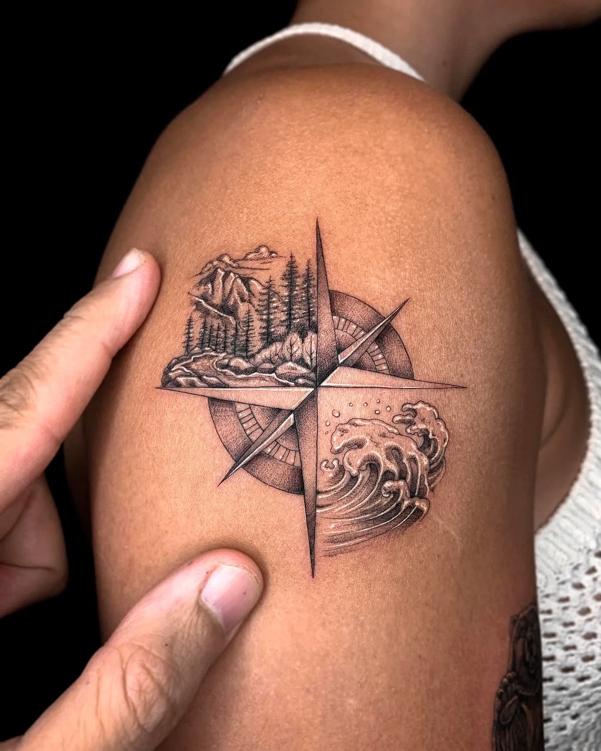 Landscape Compass Shoulder Tattoo Tattoo Design
