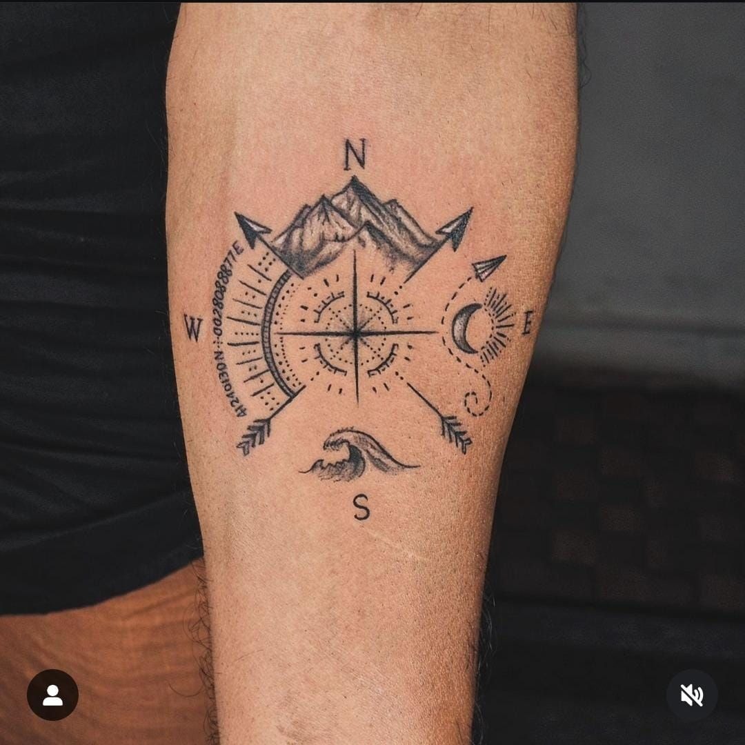 Minimal Mountain Compass Tattoo Tattoo Design