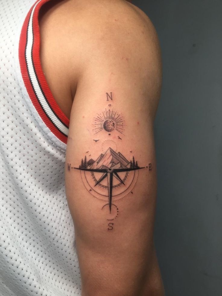 Sun and Mountain Compass Tattoo Tattoo Design