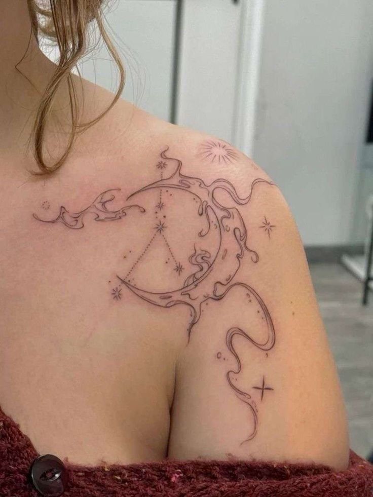 Artistic Wave-Inspired Constellation Shoulder Piece Tattoo Design