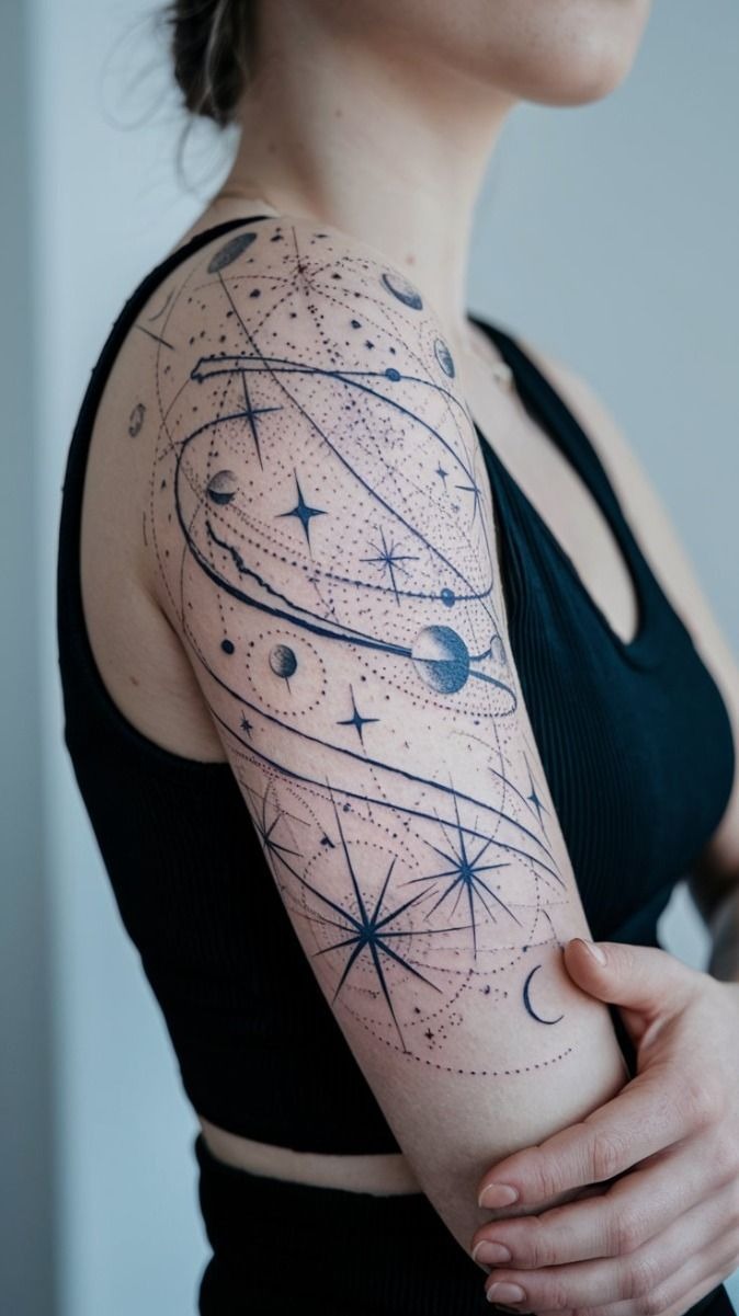 Mountain Peaks Under a Starry Zodiac Sky Tattoo Design