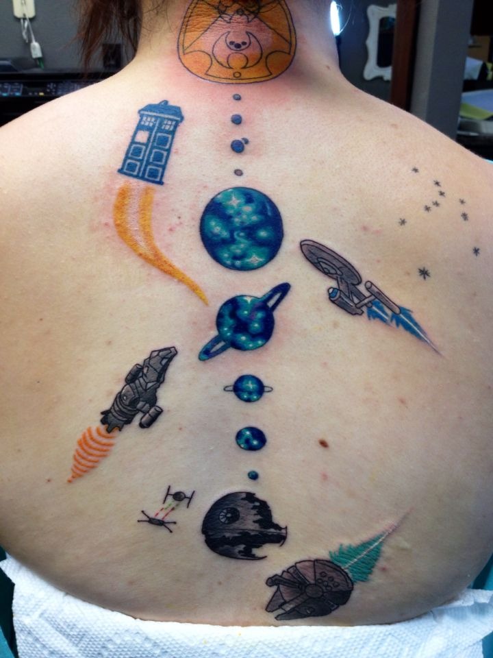 Subtle Sun and Crescent Shoulder Accent Tattoo Design