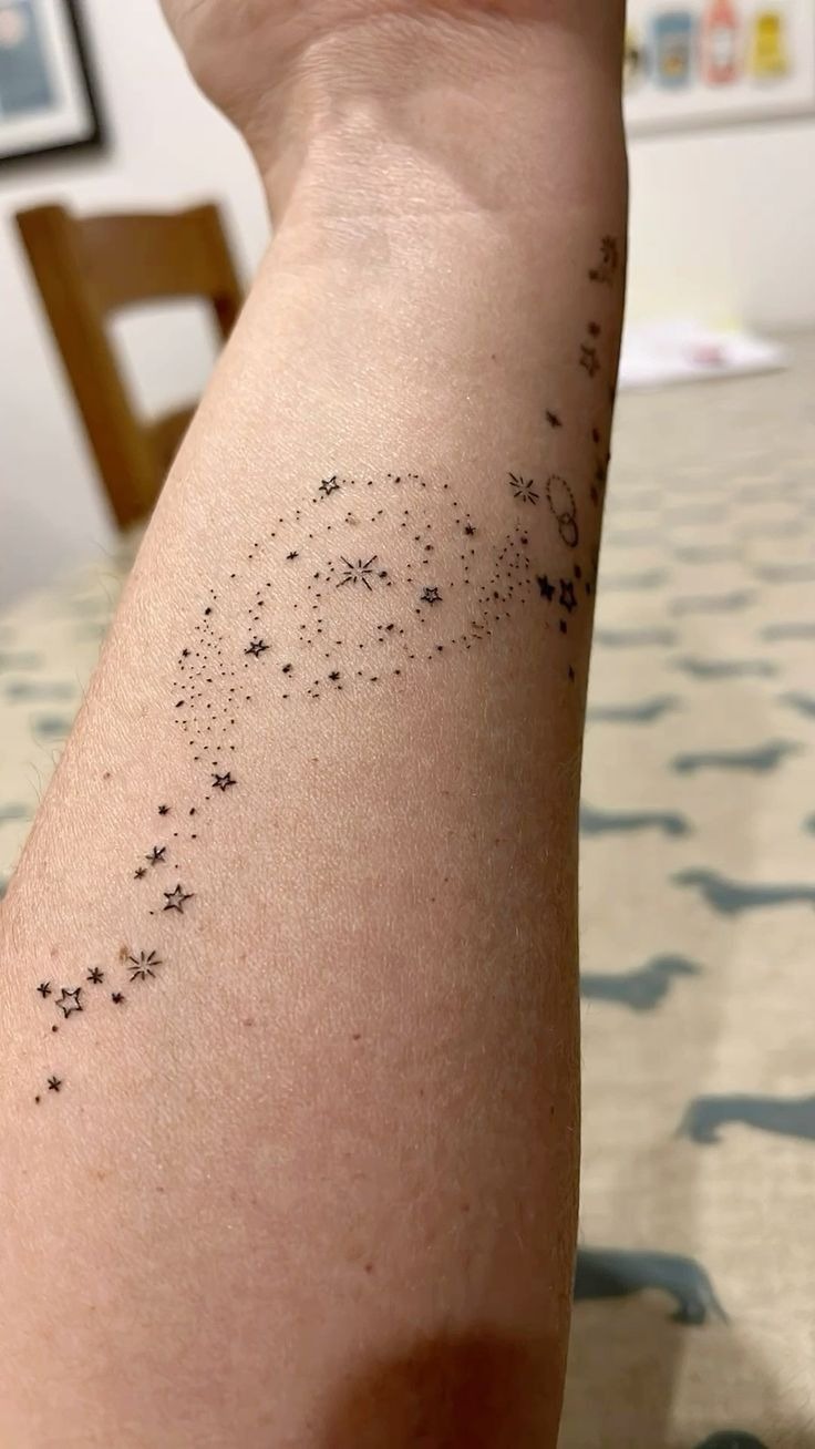 Whimsical Star Trail Wrist Constellation Tattoo Design
