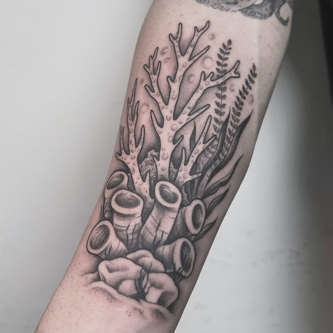 Intricate black and gray coral reef tattoo design Tattoo Design