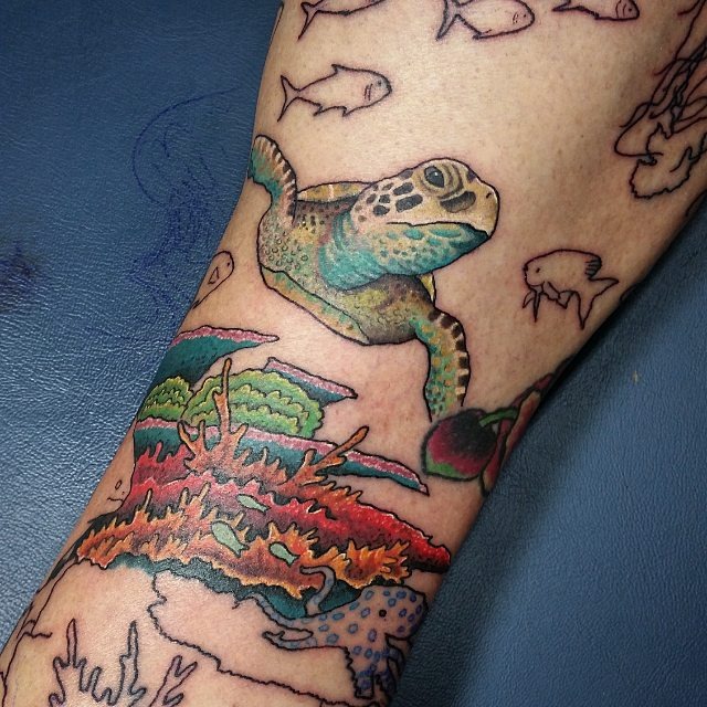 Vibrant Coral Reef Tattoo with Sea Turtle Tattoo Design