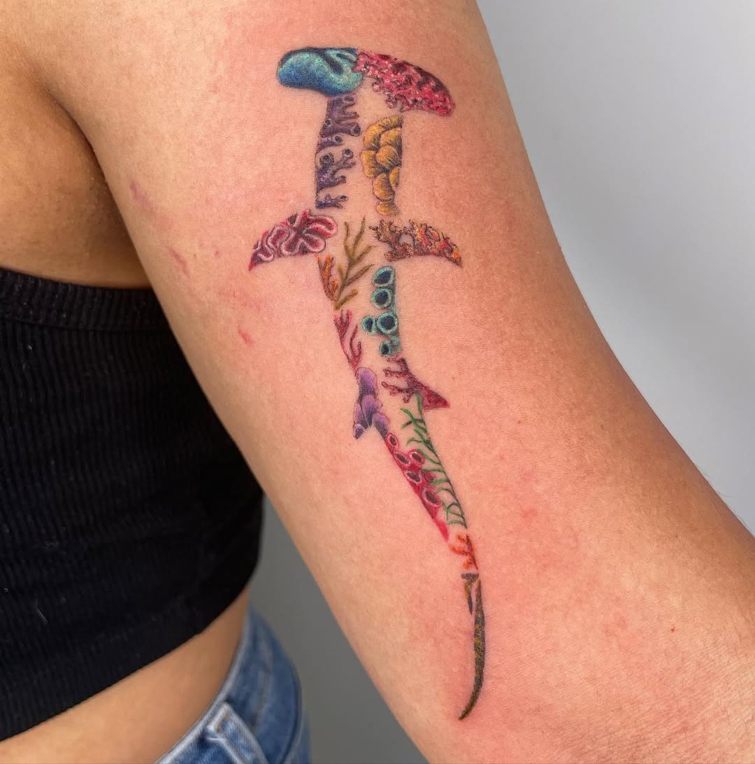 Vibrant shark tattoo with coral details Tattoo Design