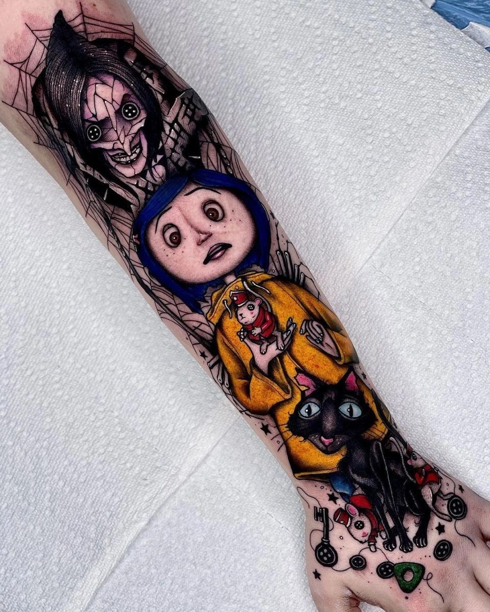 Blackwork Coraline With Doll and Cat Tattoo Design