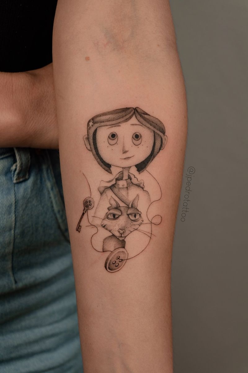 Classic Button Key and Needle Symbol Tattoo Design
