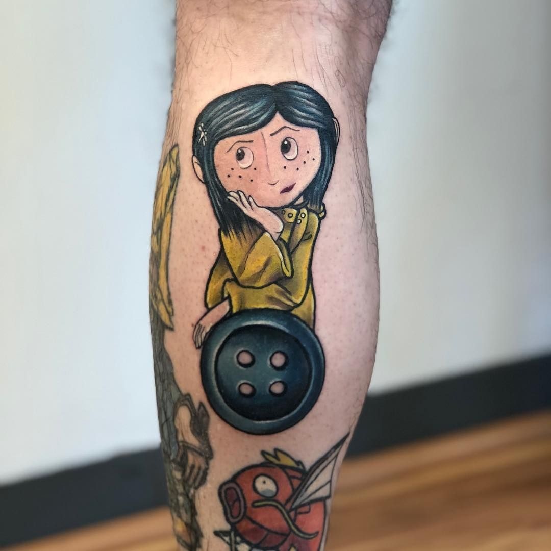 Framed Sketch Coraline With Buttons Tattoo Design