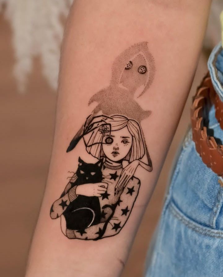 Minimalist Coraline and Cat Fine Line Tattoo Tattoo Design