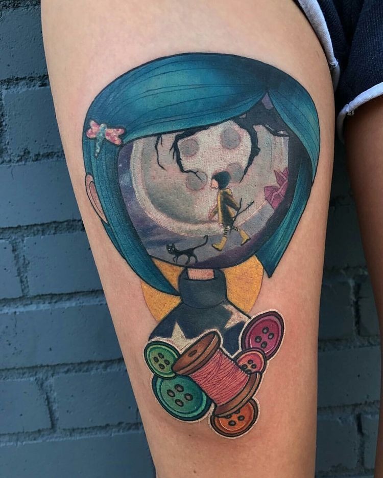 Painterly Coraline With Button Eye Lens Tattoo Design