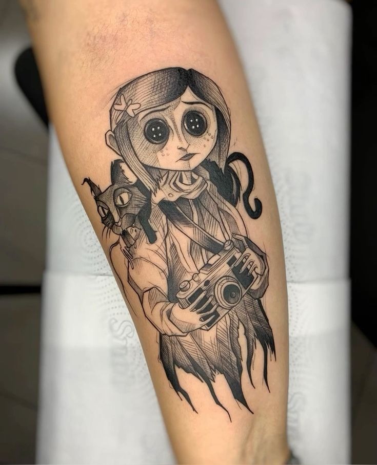 Playful Coraline and Cat Calf Tattoo Tattoo Design