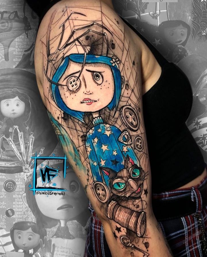 Sketchy Coraline With Camera and Cat Tattoo Design