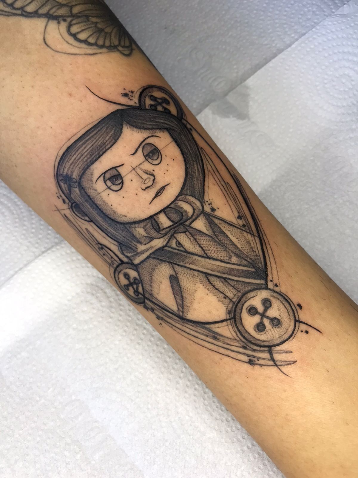 Tiny Collarbone Coraline and Cat Design Tattoo Design