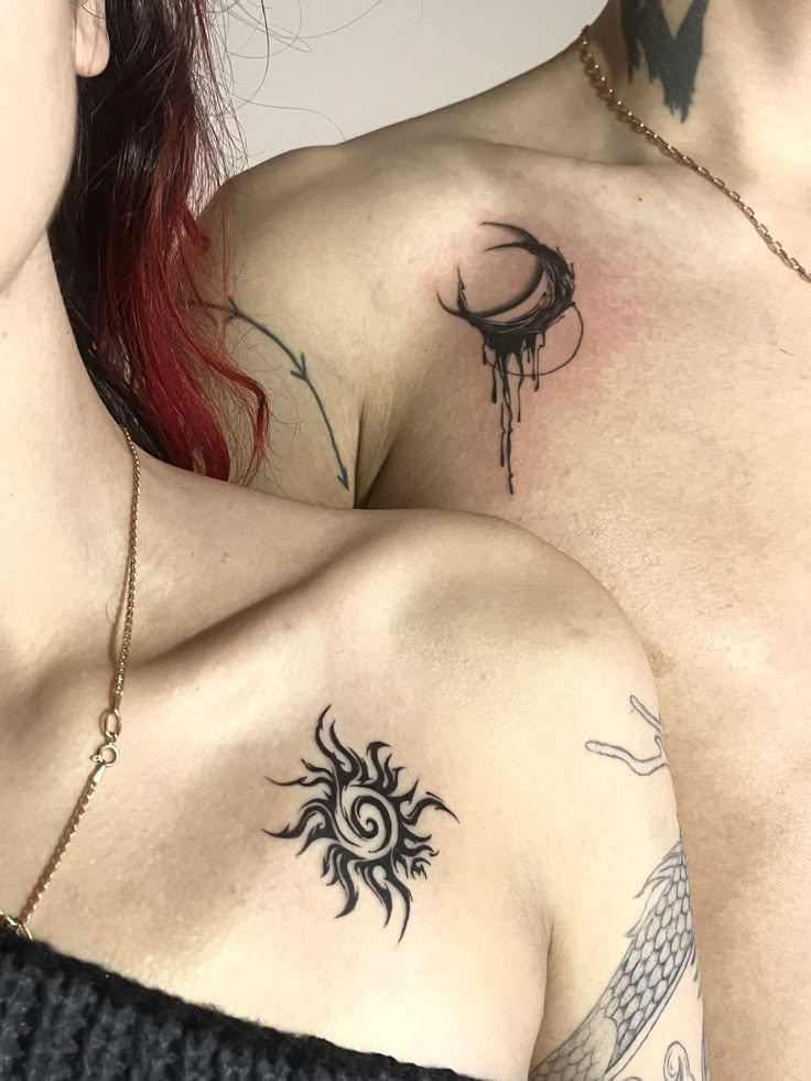 Bold Tribal Sun and Moon Shoulder Tattoos Tattoo Design