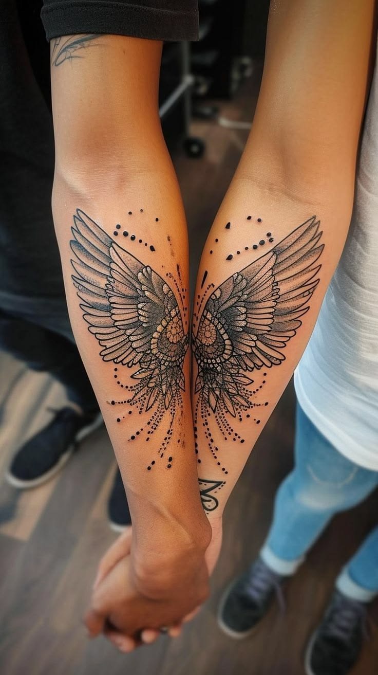 Split Ornamental Owl Wing Tattoos Tattoo Design