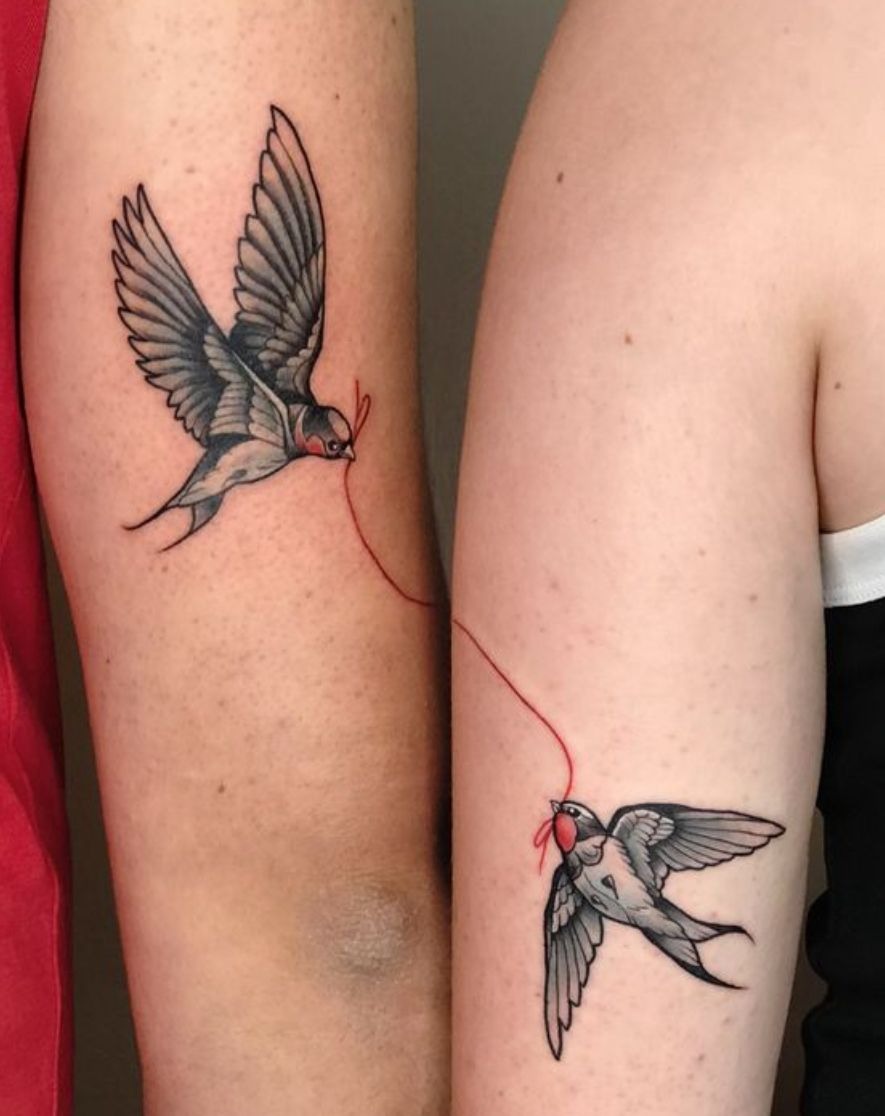 Swallows Connected by a Red Thread Tattoo Design