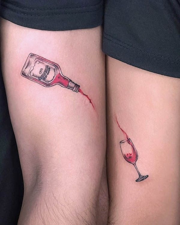 Wine Bottle and Glass Couple Tattoos Tattoo Design