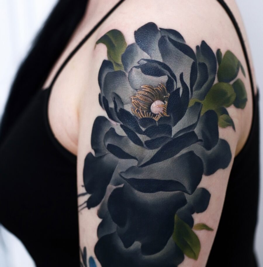 Elegant black rose tattoo cover-up design Tattoo Design