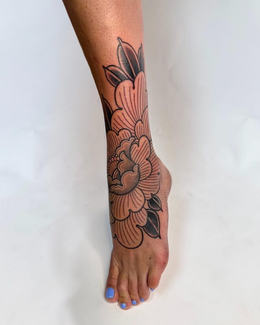 Elegant floral cover-up tattoo on the leg Tattoo Design