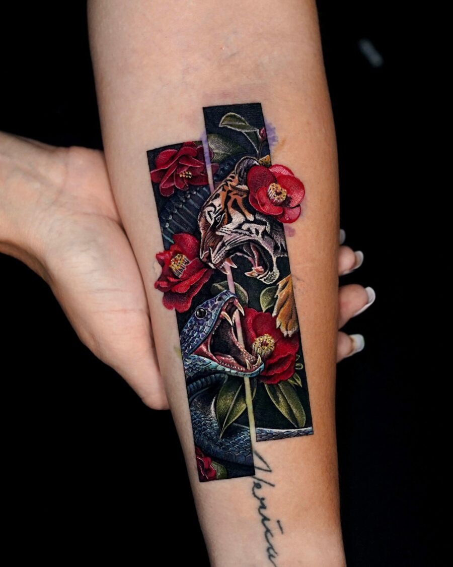 Fierce Animal Tattoos with Floral Accents Tattoo Design