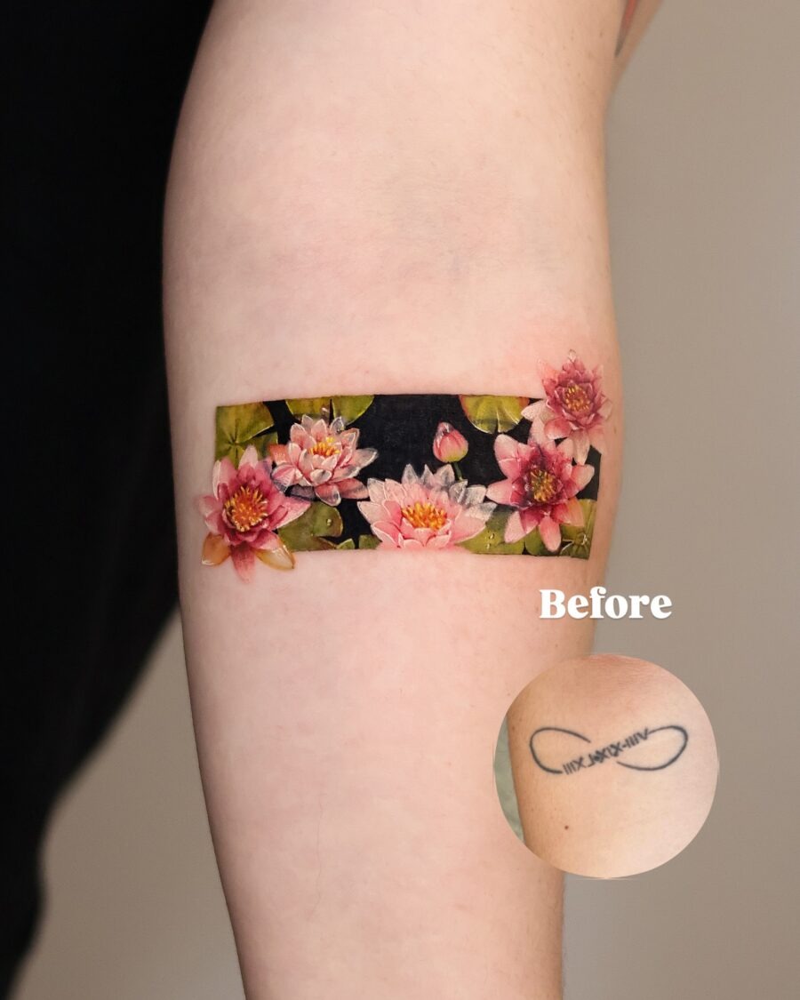 Stunning floral cover-up tattoo transformation Tattoo Design