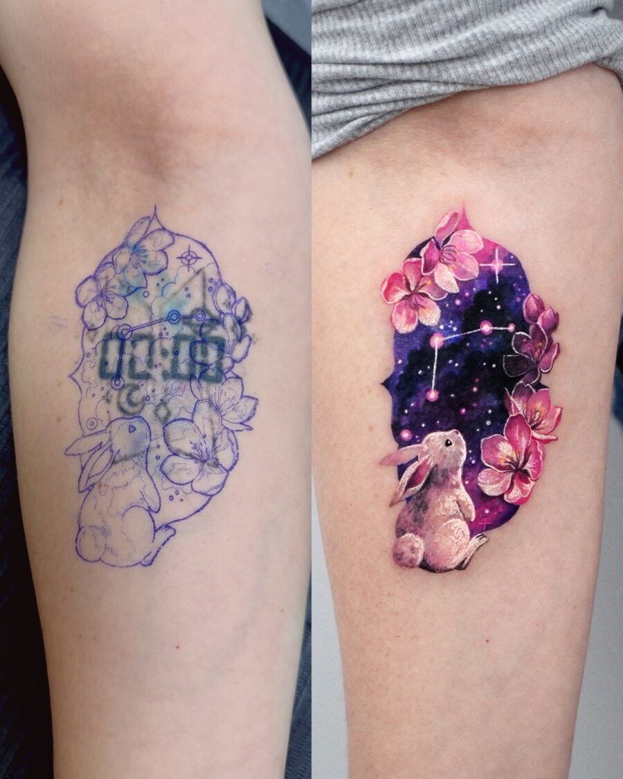 Transformative Rabbit Tattoo with Floral Elements Tattoo Design