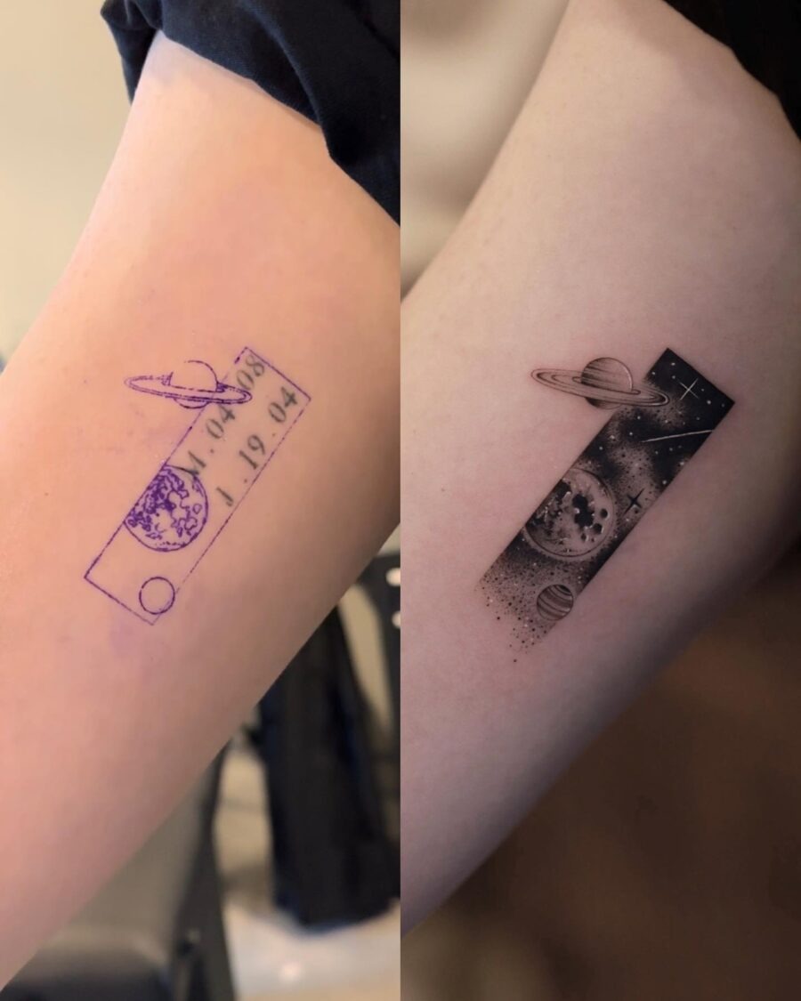 Unique Space-Themed Cover-Up Tattoos Displayed Tattoo Design