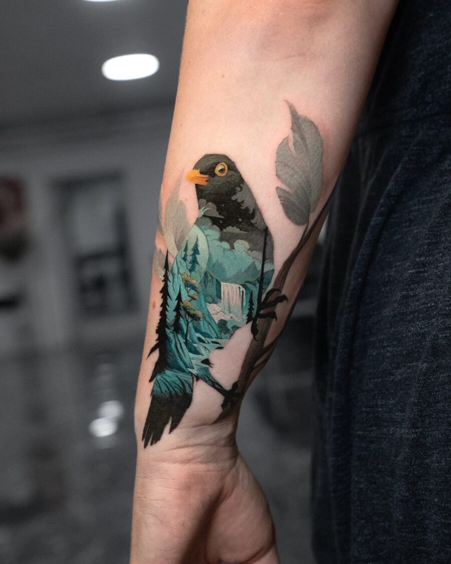 Vibrant bird with nature scene tattoo Tattoo Design