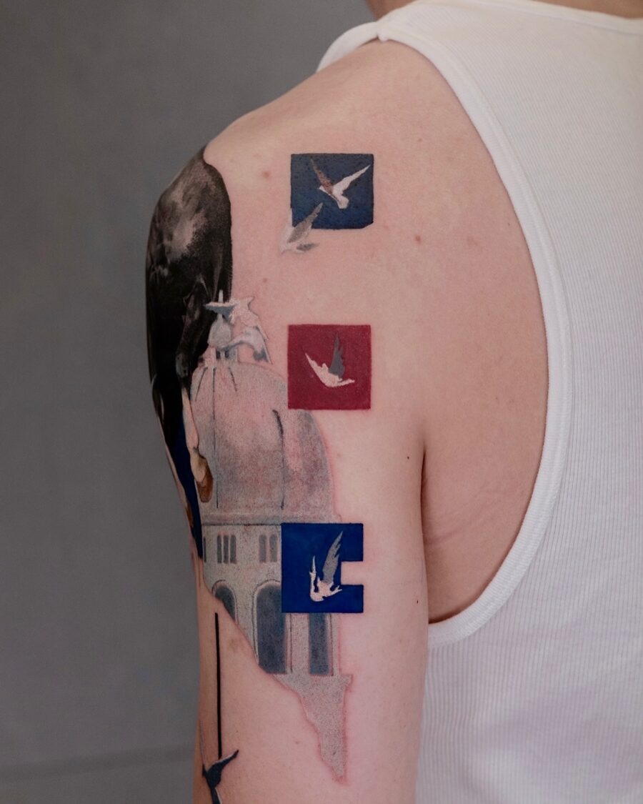 Vibrant Cover Up Tattoo with Birds and Shapes Tattoo Design