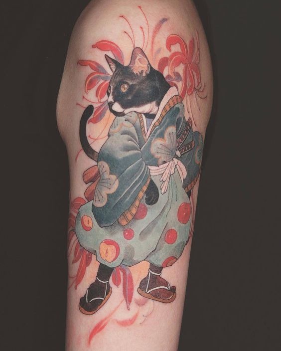 Cat in Red Kimono Tattoo Design