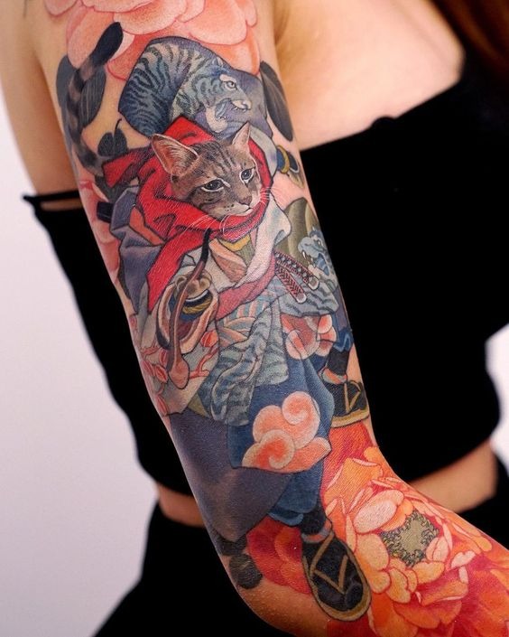 Cat in Red Kimono Tattoo Design