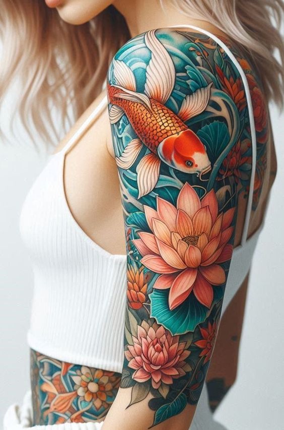 Floral Koi Harmony Tattoo Design