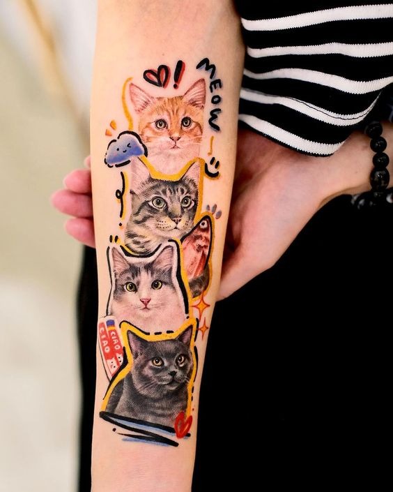 Whimsical Feline Mural Tattoo Design