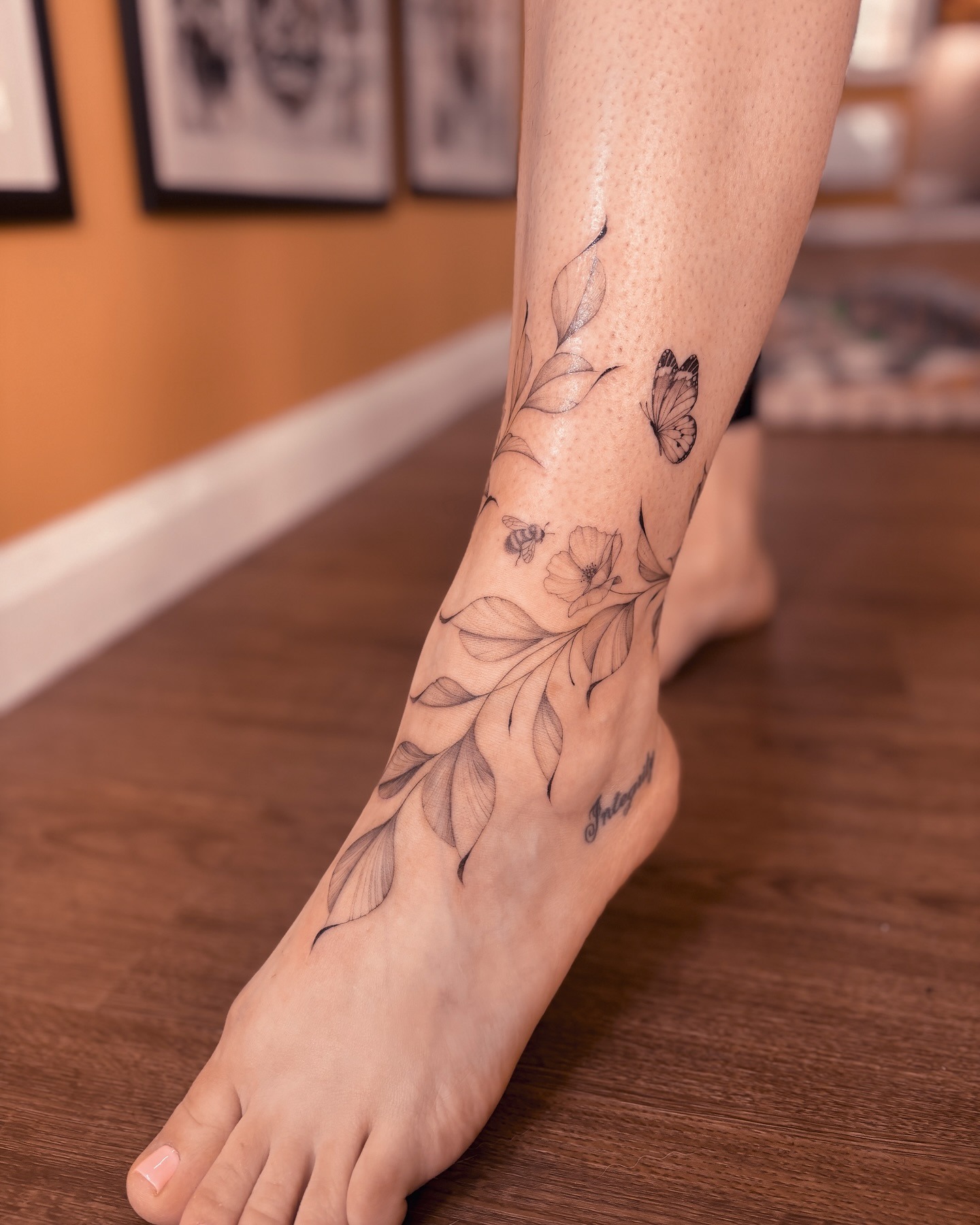 Botanical Butterfly and Bee Ankle Tattoo Tattoo Design