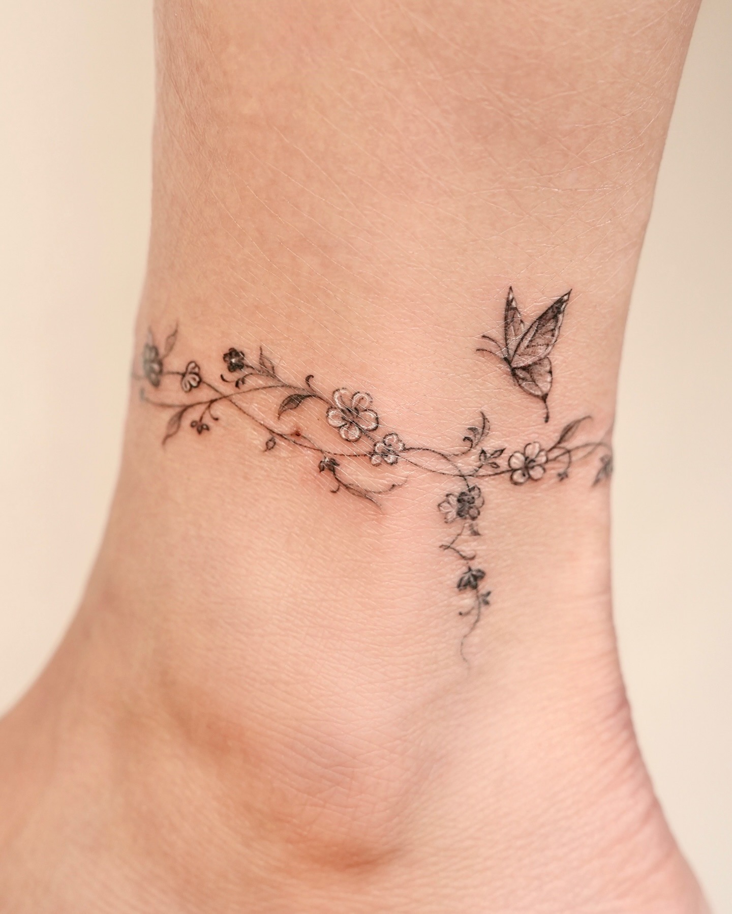 Butterfly and Floral Vine Anklet Tattoo Tattoo Design