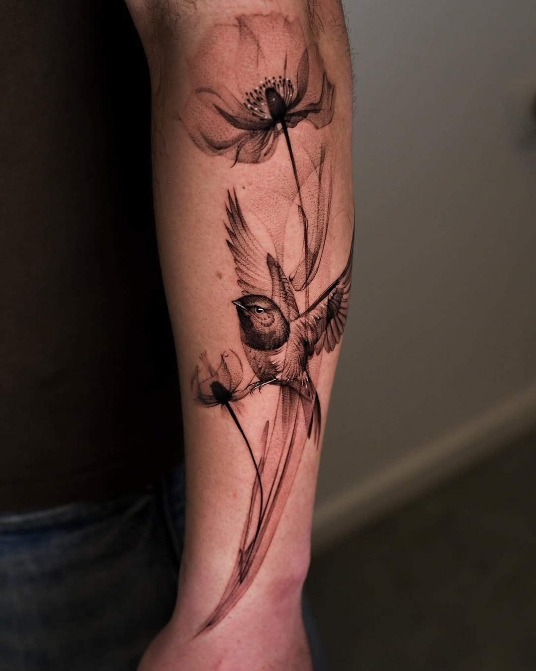 Elegant design of bird and flower in bloom Tattoo Design